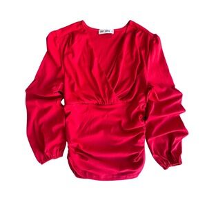 Grace Karin Red Surplice V-Neck Long Puff Sleeve Ruched Bodice Top Womens Medium